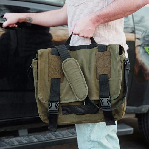 Large Olive Drab Canvas Messenger Bag with Laptop Compartment - Fits 17" Laptops