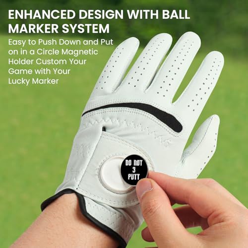 Men's Cabretta Leather Golf Gloves Left Hand Large with Ball Marker - Do Not 3 Putt