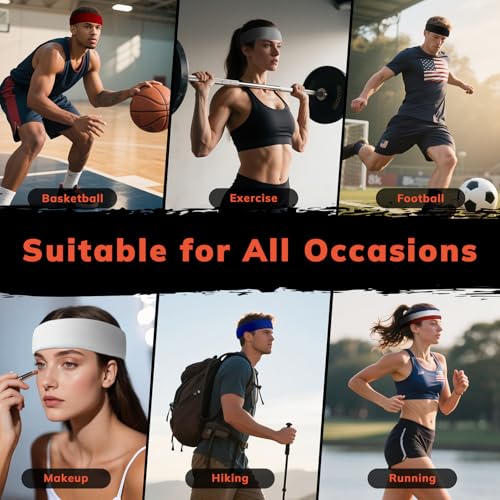 6-Pack Sweatbands Sports Headband for Men & Women - Moisture-Wicking Terry Cloth Headbands for Running, Basketball, Tennis, Gym & Workout - Non-Slip Sports Sweat Bands for Long Hair & Intense Training