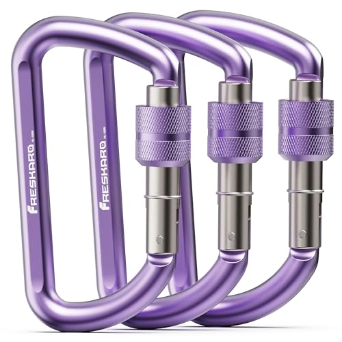 FresKaro 3inches Screw Locking Carabiners, Strong Tensile Strength 12kN/2698lbs, Lightweight, Rust-Free, D Shape Wide Opening Gate, Sturdy and Last Long, Assorted Colors