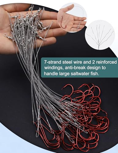 2/0 Saltwater Fishing Hooks with Steel Wire Leader - 50pcs, Pre-Rigged Circle Hooks for Toothy Fish