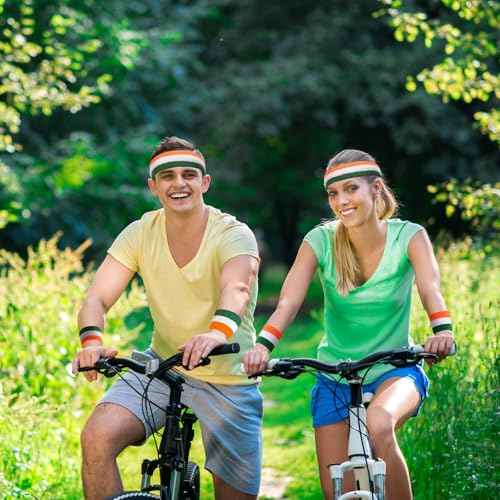 Bememo 6 Pcs Neon Sweatbands Set for Men Women 80s Tennis Striped Headband Sports Wristband Set Costumes Glow Cosplay Party