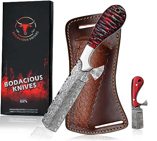 8-Inch Handmade Damascus Bull Cutter Knife with Leather Sheath - Red Cowboy Knife for Hunting & Outdoor Use