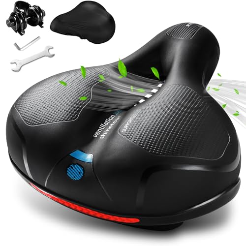 Comfortable Bike Seat, Bike Saddle with Memory Foam Padded, Wide Bicycle Seat with Dual Shock Absorbing and Night Reflective Strips for Men Women