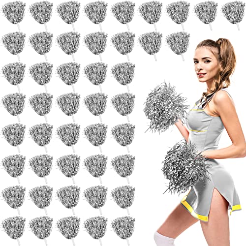 Silver Cheerleading Pom Poms with Baton Handle Bulk 60 Pieces - Reusable & Vibrant