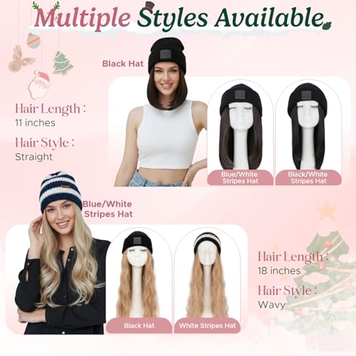 Beanie Wig with Hair - Synthetic Wavy Extensions 18 Inch - Black & Brown Variation