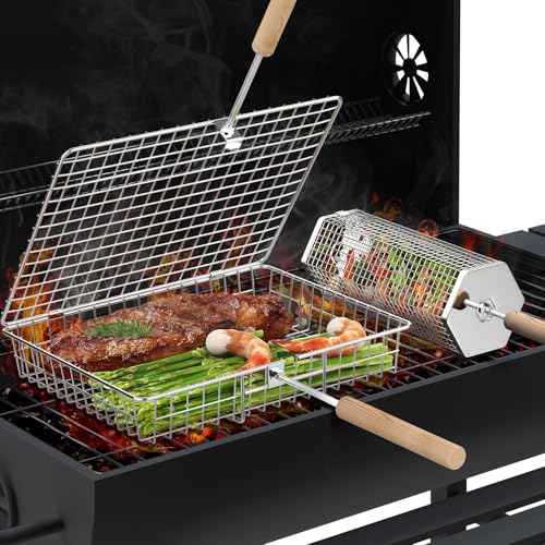 BBQ Grill Basket Set with Removable Wooden Handle, Stainless Steel Outdoor Cooking Accessories