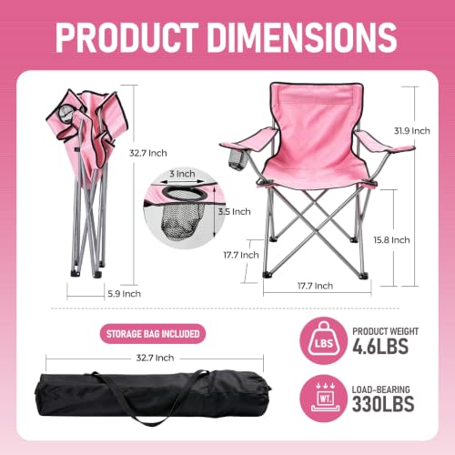 Pink Camping Chair with Cup Holder - Portable Folding Lawn Chair Supports 330LBS