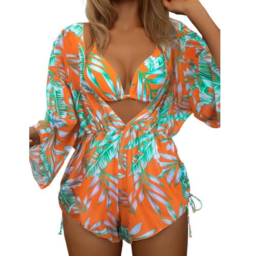 3 Piece Swimsuits for Women Sexy Leaf Print Bikini Set with Tummy Control Mesh Cover Up Tropical Swimsuits XS-XXL