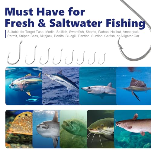 Saltwater Circle Hooks for Catfish Fishing 40pcs Size 1/0 Silver - Offset Point