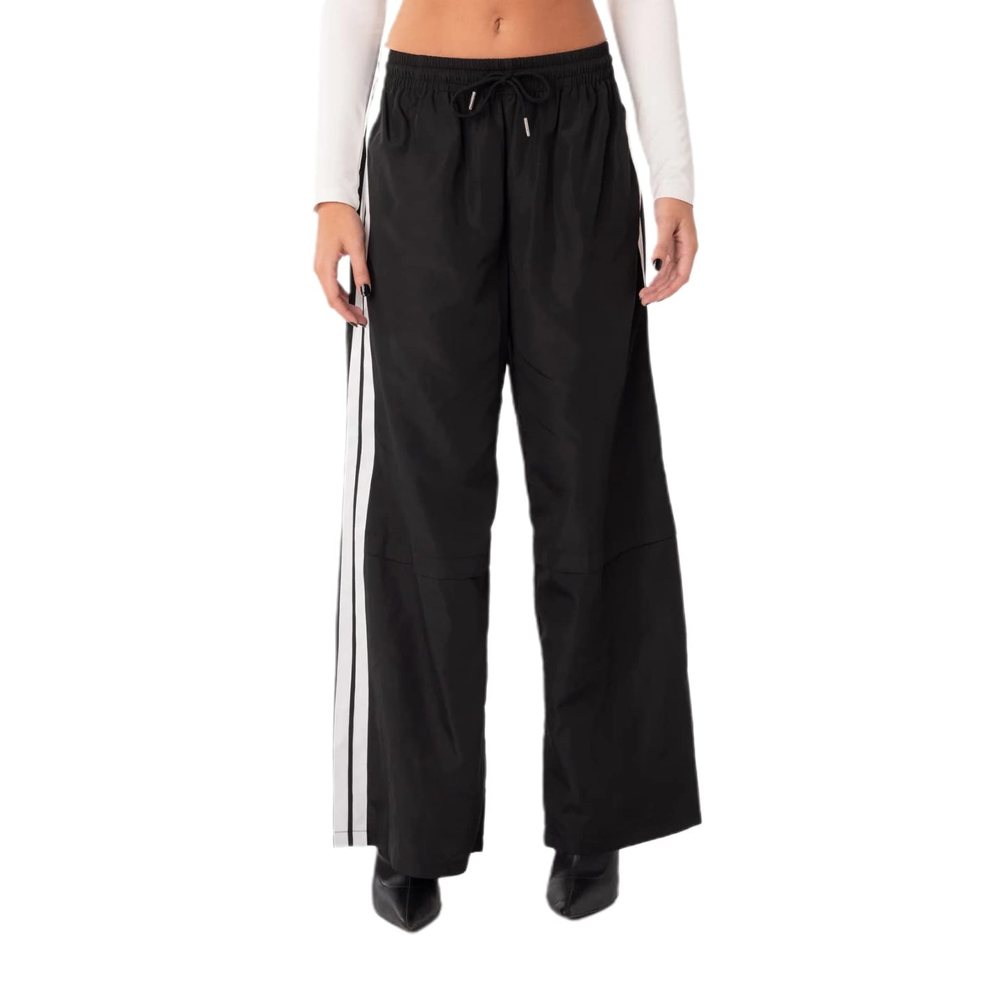 Women Side Striped Track Pants Y2k Drawstring Waist Wide Leg Cargo Sweatpants Casual Loose Jogger Lounge Pants(Side Black,Medium)