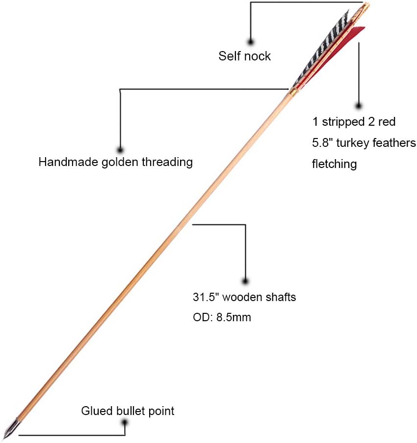 Archery Wooden English Longbow Arrows Practice Targeting Arrow 5.8" Turkey Feathers Fletching with Bullet Points for Recurve & Traditional Bow