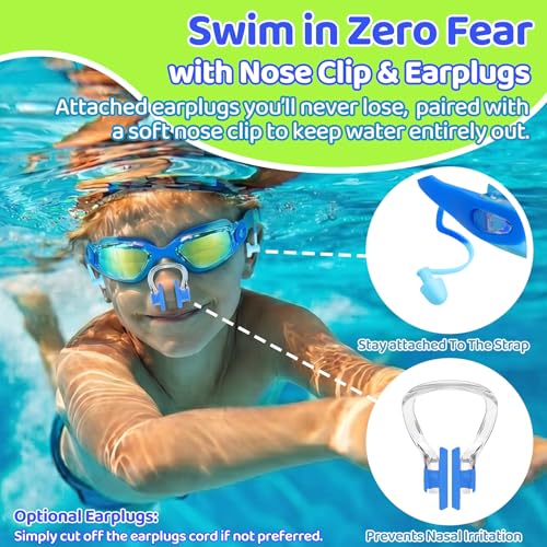 Kids Swim Goggles with Earplugs & Nose Clip - Green & Black, Age 3-15