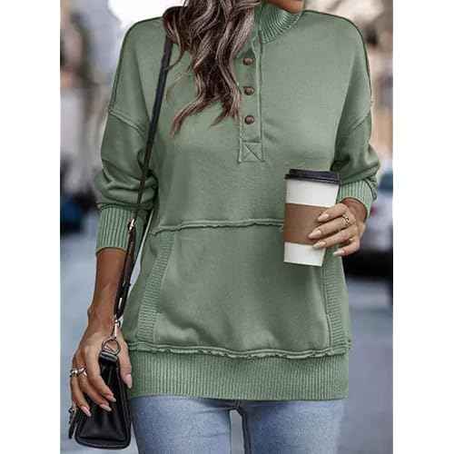 SHEWIN Women's Casual Long Sleeve Stand Neck Sweatshirt Lightweight Button Drawstring Pullover Tops