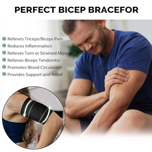 Bicep Tendonitis Brace for Pain Relief, Upper Arm Compression Sleeve for Men and Women, Bicep Compression Sleeve for Muscle Strain (Gray, Large)