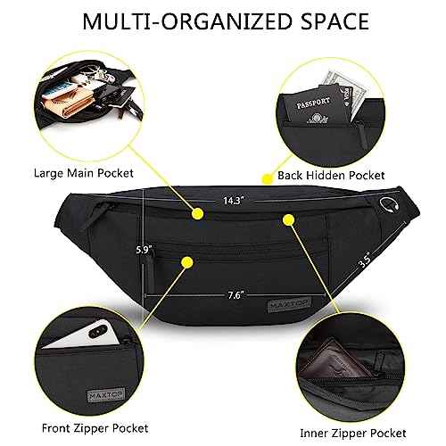 MAXTOP Large Crossbody Fanny Pack with 4-Zipper Pockets,Gifts for Enjoy Sports Festival Workout Traveling Running Casual Hands-Free Wallets Waist Pack Phone Bag Carrying All Phones