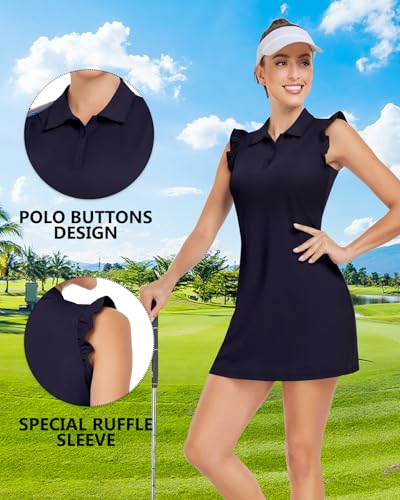 WOWENY Tennis Dress Polo with Buttons and Pockets - Medium Navy Sleeveless Athletic Workout Dress