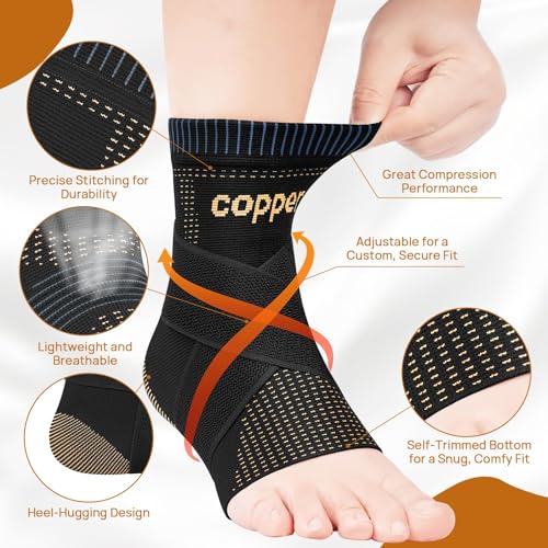 Large Copper Ankle Brace Support - Breathable Adjustable Compression Sleeve - Black 01