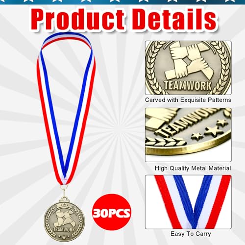 Teamwork Gold Medals with Ribbons - 30 Pack 2 Inch Awards for Kids & Adults