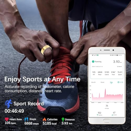 Health Tracker Ring, Smart Health Ring for Women Men with Heart Rate, Blood Oxygen, Sleep Monitor, Steps,Calories, No Subscription Fee, IP68 Waterproof Smart Ring for iPhone & Android (Gold, 7#)