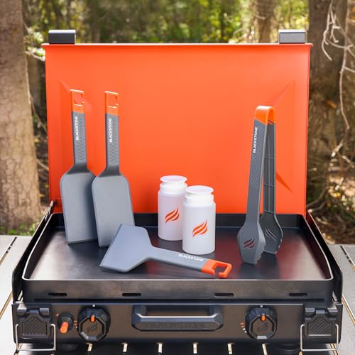 Camping Griddle Tool Kit - 6 Piece with Spatulas, Tongs, Scraper & Bottles
