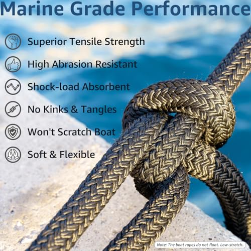 3/4 Inch x 25 Feet Marine Nylon Dock Lines with Loop - Pack of 2, Double Braided, High Strength