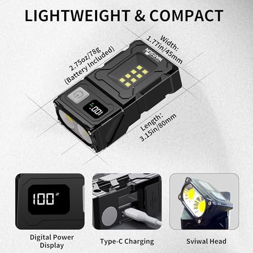 WARSUN DC08 Swivial LED Flashlight Rechargeable, 800 Lumens Mini Work Lihgt, Small EDC Flashlight Clip On with Back Clip, Magnetic Flashlight, for Emergency, Walk Dog, Working, Hiking, Camping