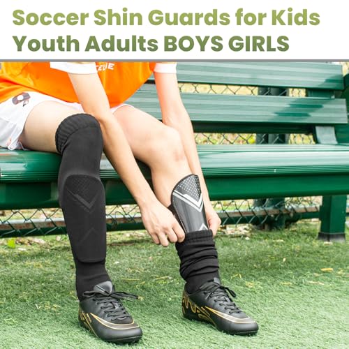 Soccer Shin Guards for Kids & Adults with Ankle Protection - Black, Large
