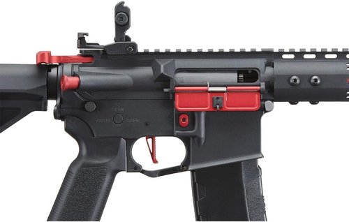 Lancer Tactical Gen 3 Programmable Trigger Archon MLOCK 9" Lightweight Durable Polymer M4 Airsoft MLOK AEG w/Lipo Battery & Charger (ETU & MOSFET Included) (Black & Red)