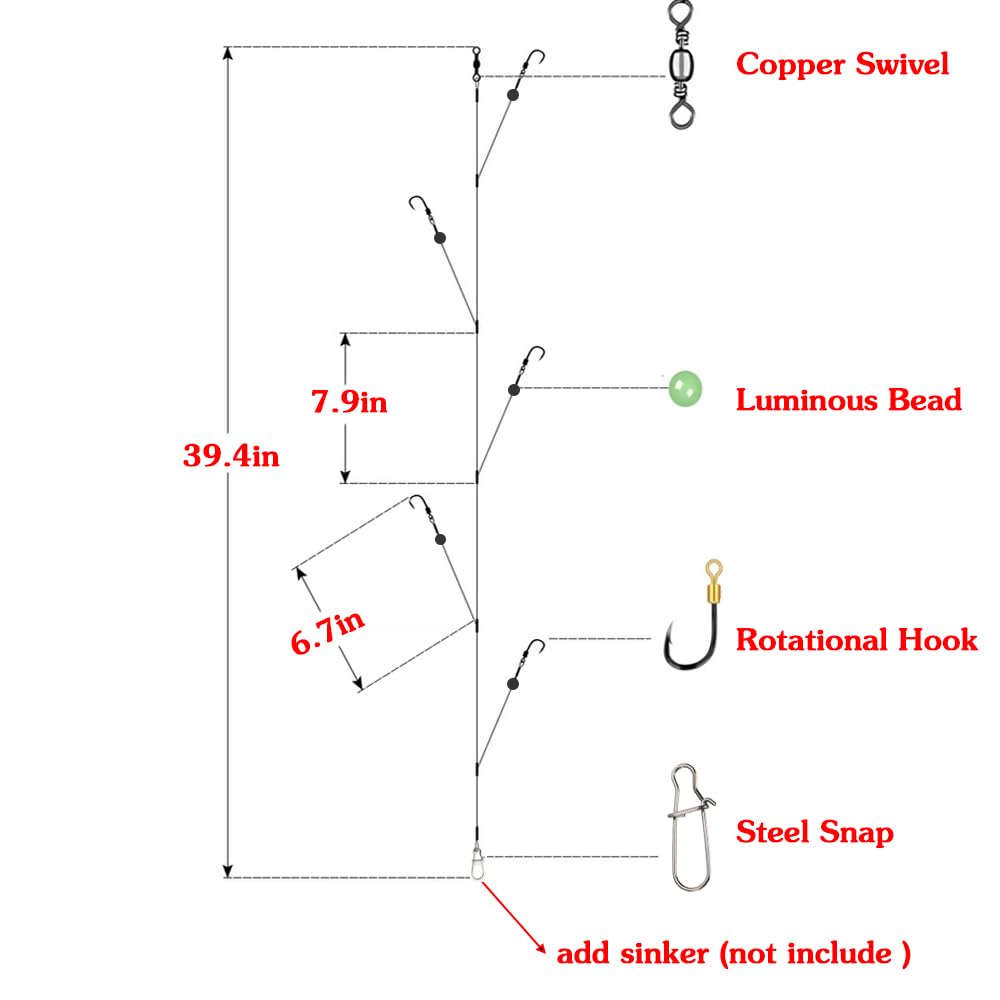 Fishing Hook with Leader,5 Hooks Fishing Rig-7 Strands Nylon Coated Fishing Leader with Swivle,Snap,Hooks
