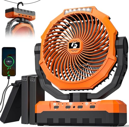 Orange 36000mAh Detachable Rechargeable Camping Fan with LED Light and Power Bank