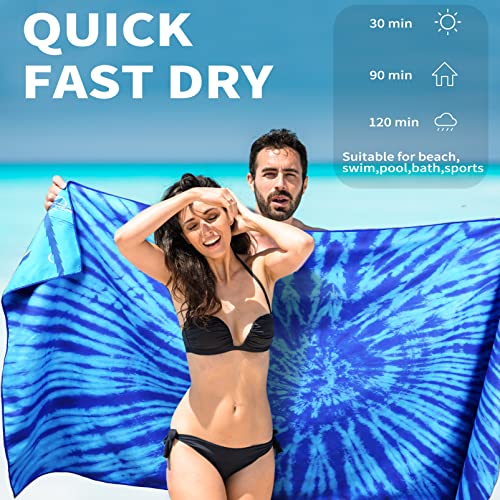 Oversized Microfiber Beach Towel 71x32 Inches - Blue 2 Pack with Carry Bag - Tie Dye Turtle Pattern