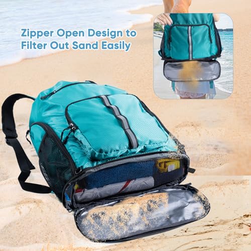 Large Beach Backpack with Shoe Compartment & Detachable Mesh Bag - Teal