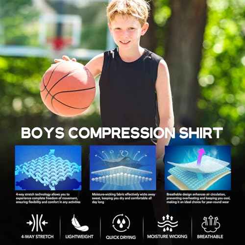 Youth Boys Sleeveless Compression Shirt Basketball Football Undershirt Quick Dry Kids Athletic Tank Tops for Workout