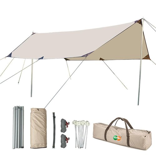 YUEWO 15×10FT 210D Oxford UPF50+ Shelter Camping Tarp with 2 * 7FT Poles, Waterproof & Lightweight Tent Tarp, Rain Fly Sun Shelter, Can Used with Car,Tent & Hammock for Picnic, Garden & Outdoor