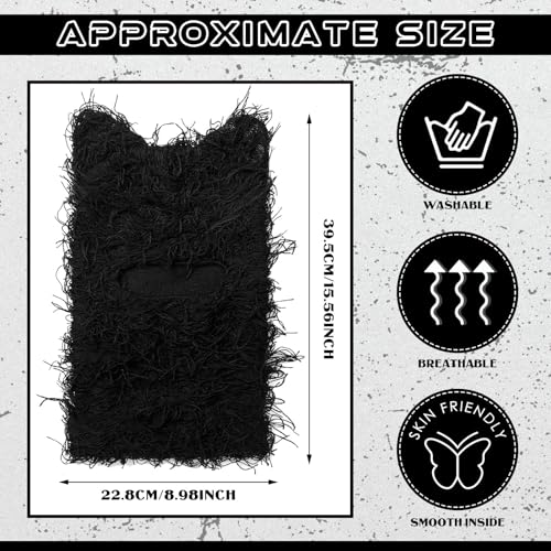 Newcotte Black Distressed Balaclava Ski Mask with Cat Ear Knitted Beanie Y2k Full Face Mask Furry Cap Windproof Winter Hat Neck Warmer for Men Women