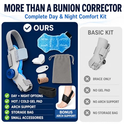 Bunion Corrector Kit for Women & Men with Toe Separator Arch Support Gel Pad - Day & Night Relief, Adjustable Hallux Valgus Splint - Variation 1