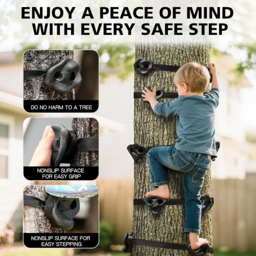 Black Tree Climbing Holds Set - 18 Pieces with 6 Ratchet Straps, Kids & Adults