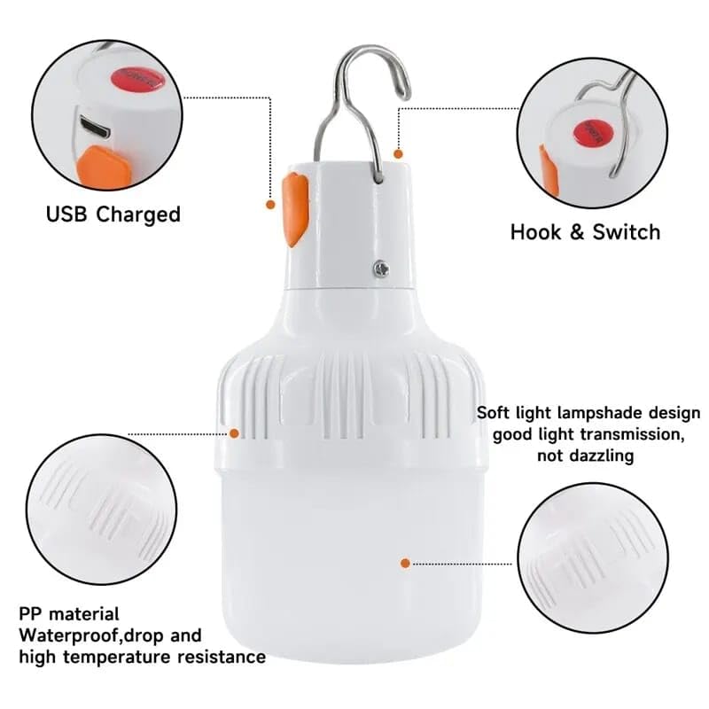 Generic Multifunctional USB Charging Emergency LED Bulb High Brightness 60W Energy Saving Commercial LED Bulb Hook Camping Fishing Portable Lantern, White