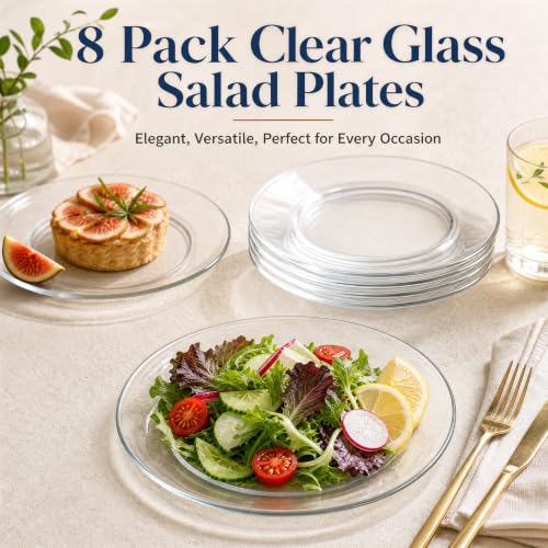 7.5 Inch Glass Dessert Plates - Pack of 8 Clear Salad & Snack Plates, Dishwasher Safe