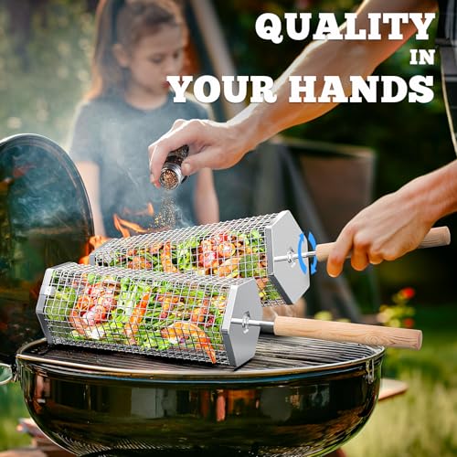 Outdoor Grill Basket with Removable Wooden Handle - Camping & Barbecue Accessory