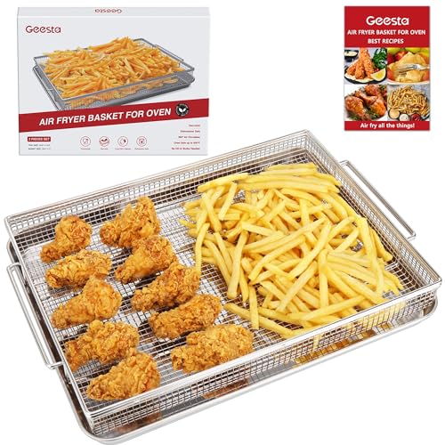 Geesta Stainless Steel Air Fryer Basket with 50 Recipes 16.5x12.5 Inch Extra Large Tray
