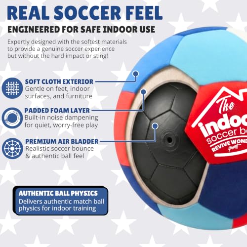 Indoor Soccer Ball Size 4 - Soft Padded, High Visibility, Pump Included - Red White Blue Variation
