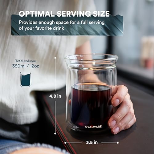 Ovalware Double Wall Insulated Glass Cup Set 11.8oz – Borosilicate Coffee Tea Whiskey