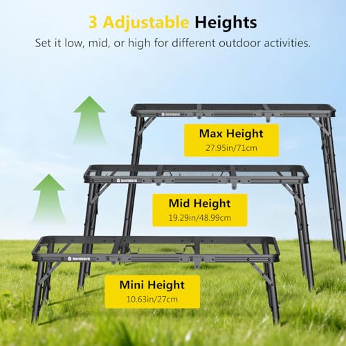 Portable Folding Camping Grill Table - 35x16 Inch, Adjustable Height, Lightweight, Rust-Resistant Outdoor Table, Black