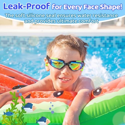 Kids Swim Goggles with Earplugs & Nose Clip - Green & Black, Age 3-15