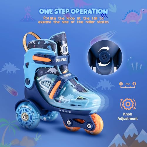 Adjustable Toddler Roller Skates for Girls Boys Kids Dinosaur Blue XS-Small 8C-11C US Light-Up Wheels