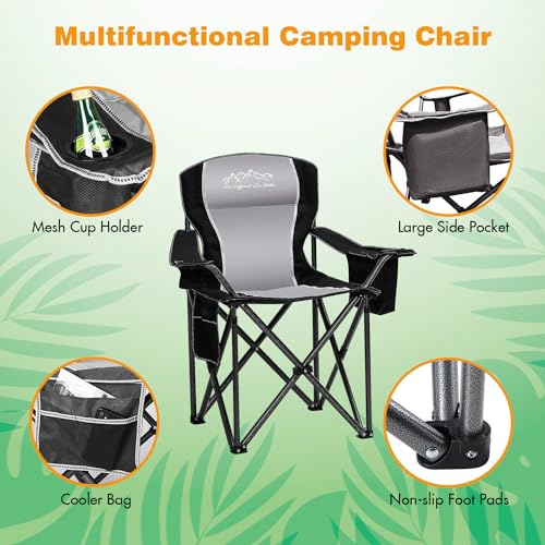 SAILARY 2PCS Folding Camping Chair Portable Outdoor Heavy Duty Padded Chairs Lawn Chair with Cup Holder, Storage Pocket and Cooler Bag, Supports 450LBS Black
