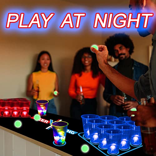 Glow in the Dark Beer Pong Set with Light-Up Cups & Pongs for Party Indoor Outdoor