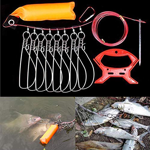 Fish Stringer Kit 5M with 10 Buckles, Stainless Steel Live Fish Lock & Float